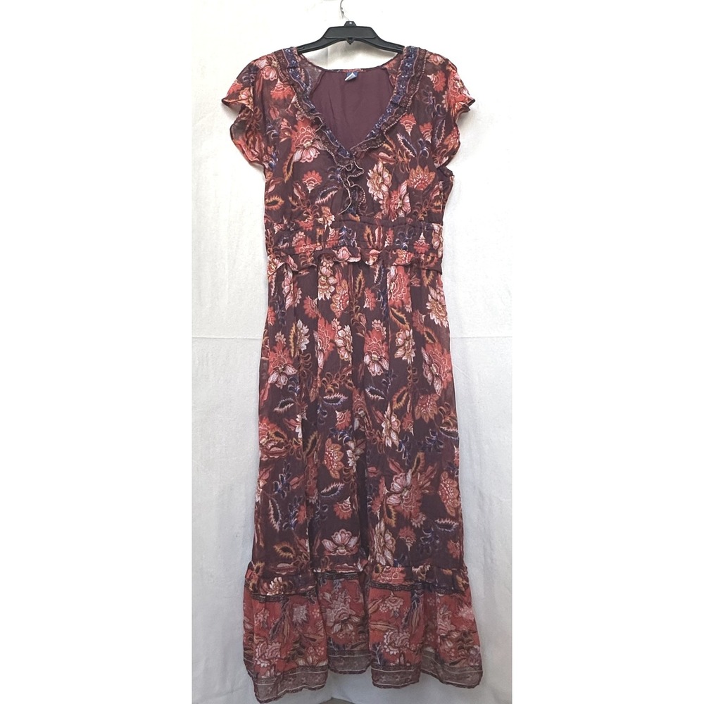 Old Navy Boho Cottage Red Floral Ruffle Chiffon Smocked Midi Dress Sz L India